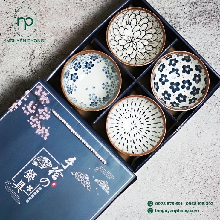 Mẫu hộp đựng gốm sứ dáng rút in logo thương hiệu